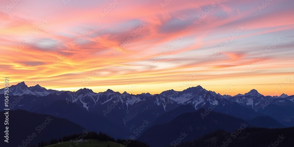 Vibrant sunset casting colorful hues over Austrian mountain range, showcasing majestic alps, orange, nature, vibrant Vibrant sunset casting colorful hues over Austrian mountain range, showcasing majestic alps, orange, nature, vibrant