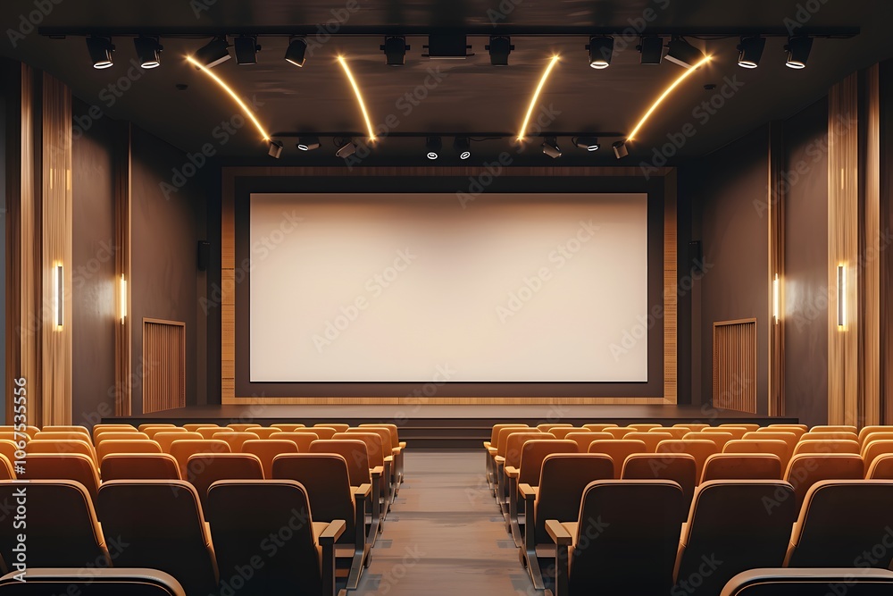 Modern Cinema Interior with Empty Seats and Large Screen Modern Cinema Interior with Empty Seats and Large Screen