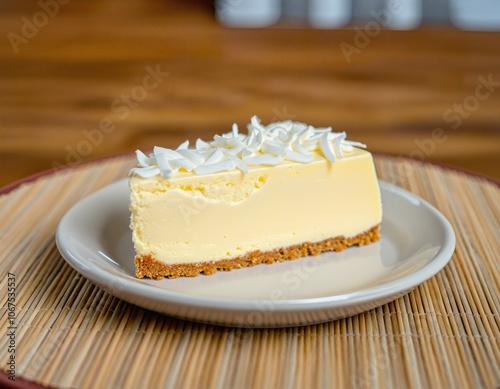 Slice of Coconut Cheesecake on Bamboo Mat photo