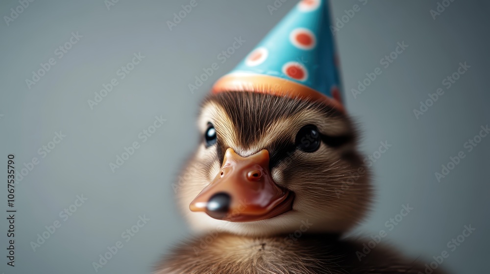 A close-up of an adorable duckling wearing a small party hat, showcasing cute and playful appeal against a soft, out-of-focus background, exuding charm and joy. A close-up of an adorable duckling wearing a small party hat, showcasing cute and playful appeal against a soft, out-of-focus background, exuding charm and joy.