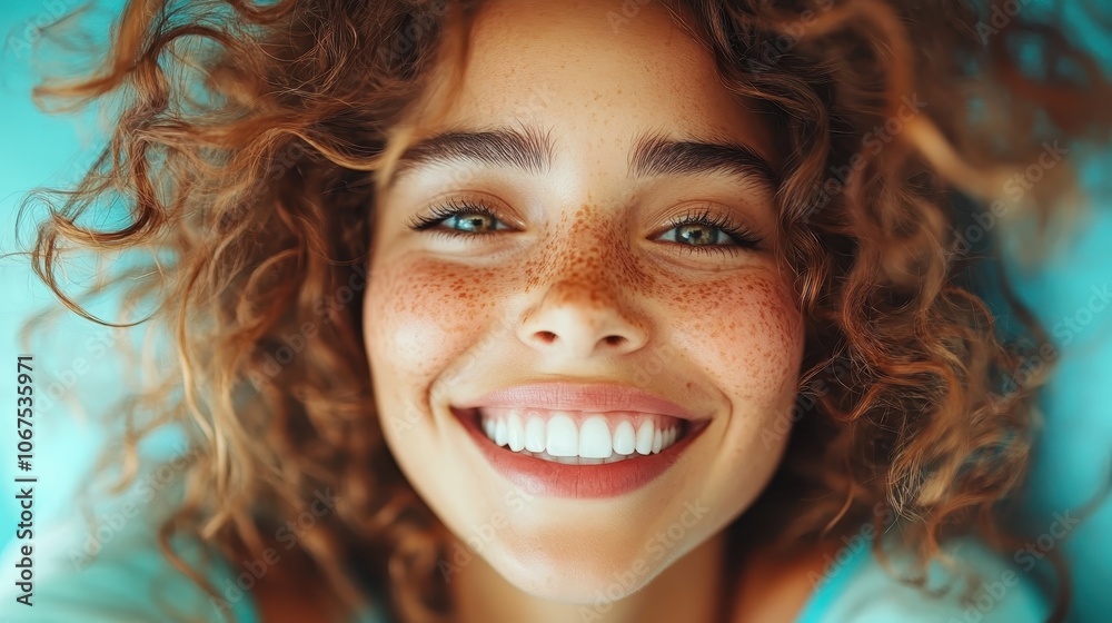 Smiling freckled woman with curly hair gazes upwards against a blue sky, conveying a sense of joy and optimism with her radiant expression and carefree hair. Smiling freckled woman with curly hair gazes upwards against a blue sky, conveying a sense of joy and optimism with her radiant expression and carefree hair.