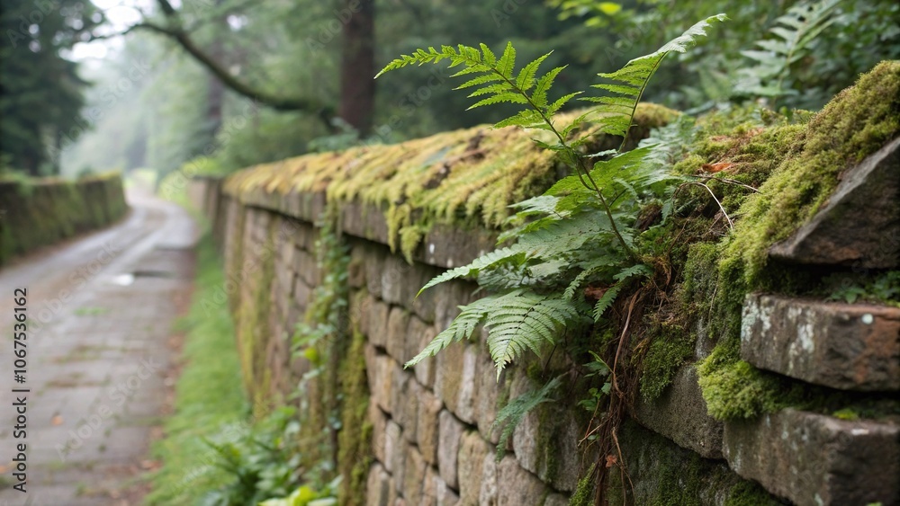 Weathered stonework wall with moss and ferns, ferns, landscape, rugged, overgrown, work Weathered stonework wall with moss and ferns, ferns, landscape, rugged, overgrown, work