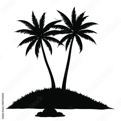 a black and white illustration of two palm trees on a hill.