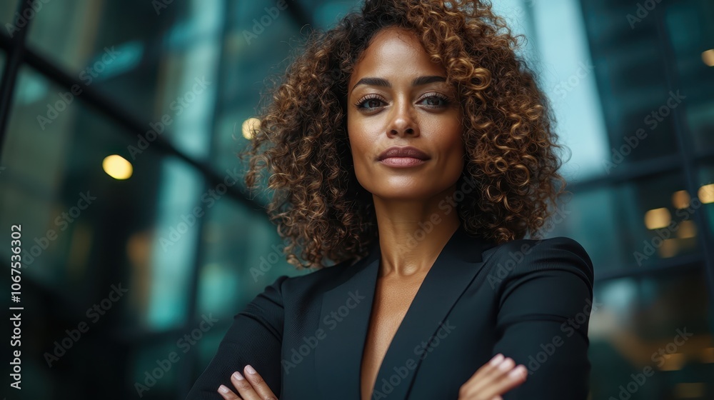 A woman with striking curly hair stands confidently with arms crossed, conveying a strong and determined presence in front of a modern glass building. A woman with striking curly hair stands confidently with arms crossed, conveying a strong and determined presence in front of a modern glass building.