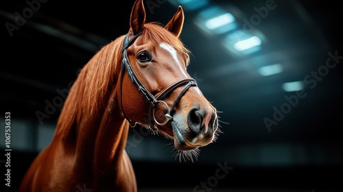 A graceful horse with a shiny chestnut coat confidently poses under dramatic lighting, wearing a bridle, exuding strength and elegance in a spacious setting. photo