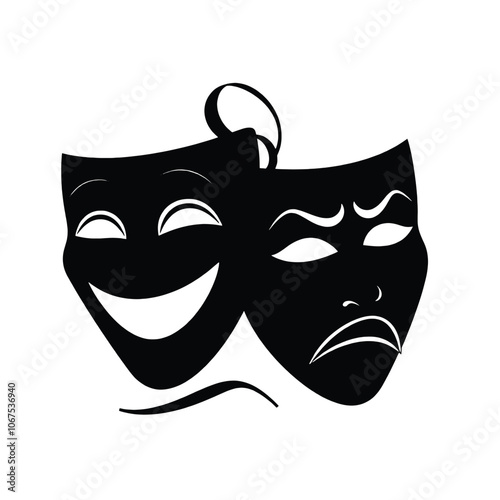 A vector silhouette of two theater masks representing the classic symbols of comedy and tragedy