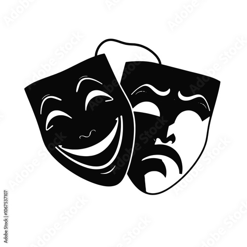 A vector silhouette of two theater masks representing the classic symbols of comedy and tragedy