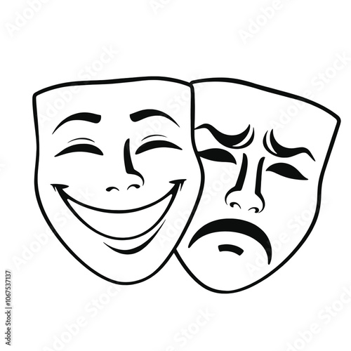 A vector silhouette of two theater masks representing the classic symbols of comedy and tragedy