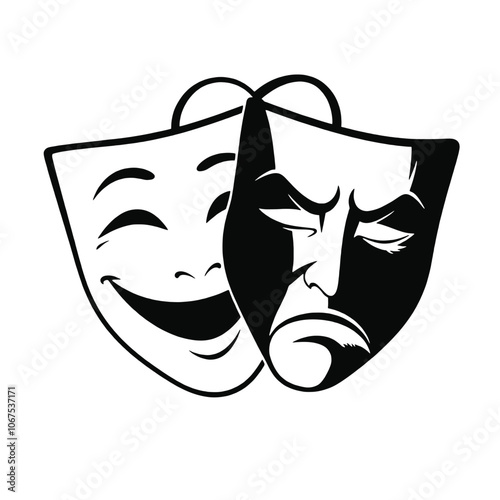 A vector silhouette of two theater masks representing the classic symbols of comedy and tragedy