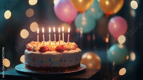 Celebratory birthday cake with candles and vibrant balloons in a dreamy bokeh setting. AI generated illustration