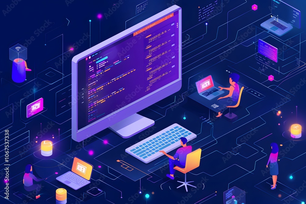 Naklejka premium Engaging Digital Workspace with Coding and Collaboration