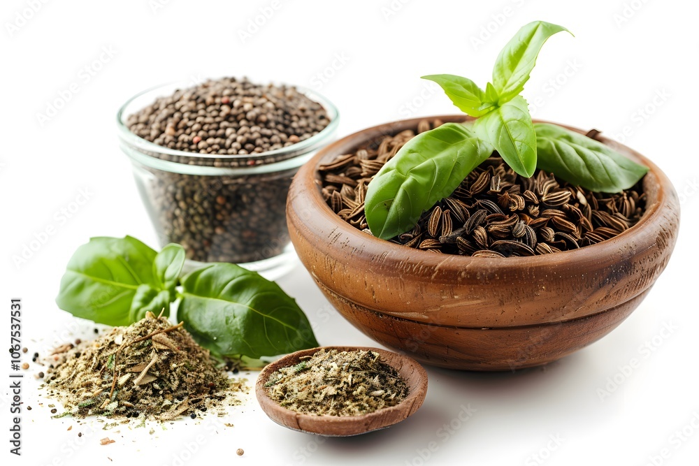 A Vibrant Display of Fresh Herbs and Spices in Rustic Bowls A Vibrant Display of Fresh Herbs and Spices in Rustic Bowls