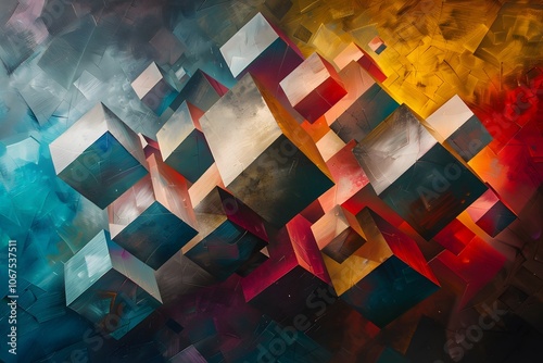 Abstract Geometric Composition with Vibrant Colors and 3D Cubes
