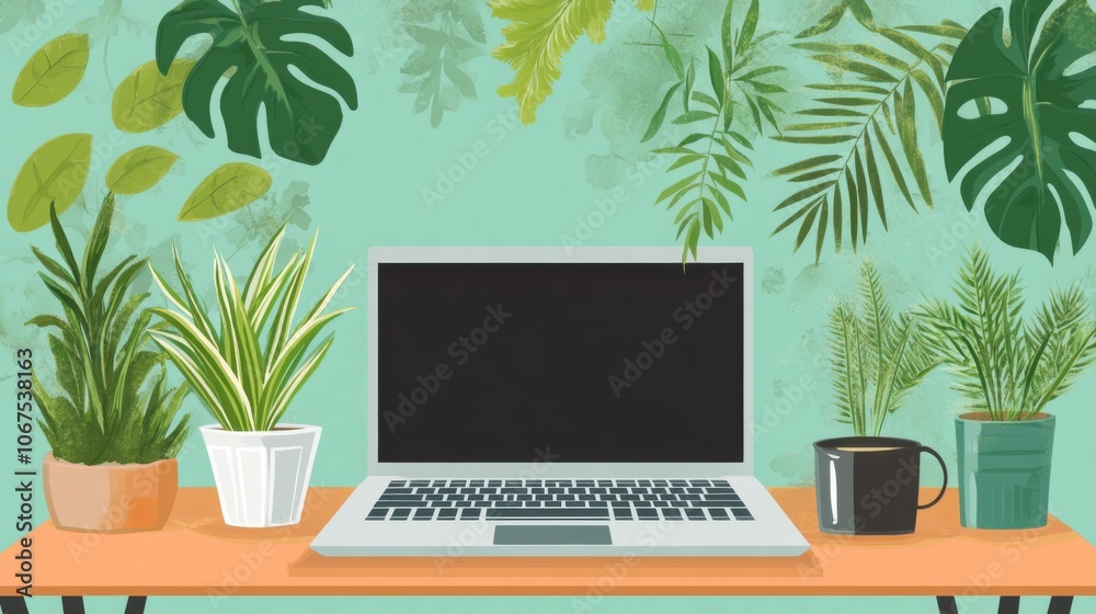 Fototapeta premium Remote work setup vector, featuring a laptop on a desk, coffee cup, and indoor plants, flat design
