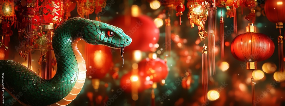 Chinese New Year Celebration: Green Snake with Lanterns and Red Decorations. AI generated illustration Chinese New Year Celebration: Green Snake with Lanterns and Red Decorations. AI generated illustration