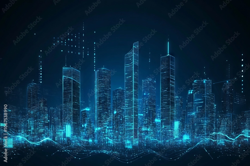 Futuristic city skyline illuminated at night, showcasing sound waves and data visualizations in a blue color theme. AI generated illustration Futuristic city skyline illuminated at night, showcasing sound waves and data visualizations in a blue color theme. AI generated illustration