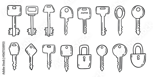 Sketch hand drawn doodle key icon set. Vintage locks and keys. Outline decor security elements collection.
