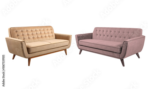 Mid-century modern style sofas beige and mauve with tufted backrest wooden base and tapered legs minimalist design on plain white background full hd 4k stock image transparent background png download photo