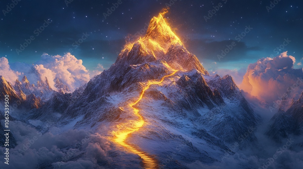 Naklejka premium Golden Light Path to Snowy Mountain Peak. AI generated illustration