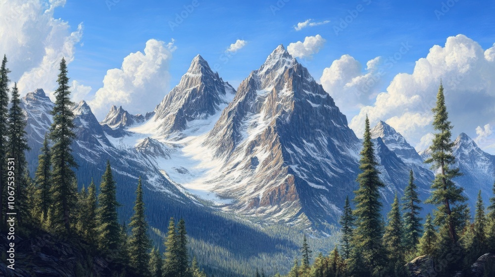 Rocky mountain illustration, showing rugged peaks with snow caps, surrounded by pine trees Rocky mountain illustration, showing rugged peaks with snow caps, surrounded by pine trees