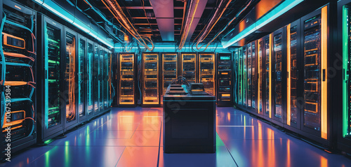Data center server room with neon lights for sever
