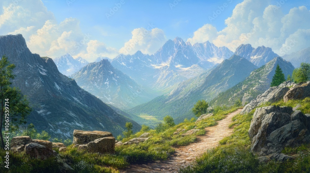 Fototapeta premium Rocky mountain landscape, depicting rugged mountains with a clear blue sky and a winding trail