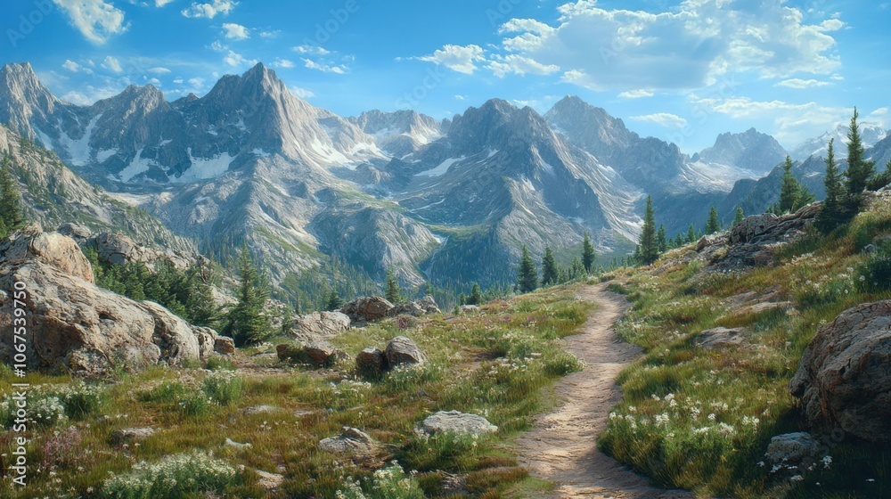 Rocky mountain landscape, depicting rugged mountains with a clear blue sky and a winding trail Rocky mountain landscape, depicting rugged mountains with a clear blue sky and a winding trail