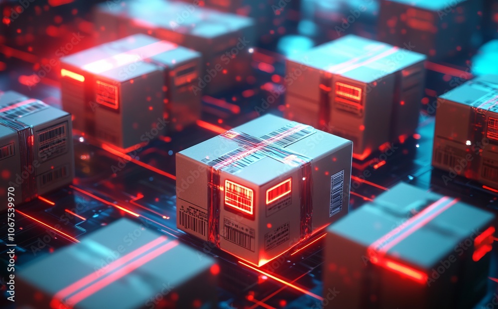 Futuristic Cardboard Boxes with Barcodes and Red Lines. AI generated illustration Futuristic Cardboard Boxes with Barcodes and Red Lines. AI generated illustration