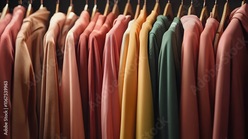 A row of clothes hanging on a rack. Perfect for showcasing different clothing options or displaying fashion trends