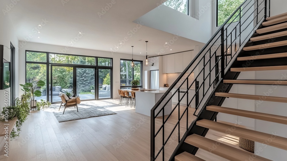 Obraz premium Modern open-concept home interior with staircase and large windows. AI generated illustration
