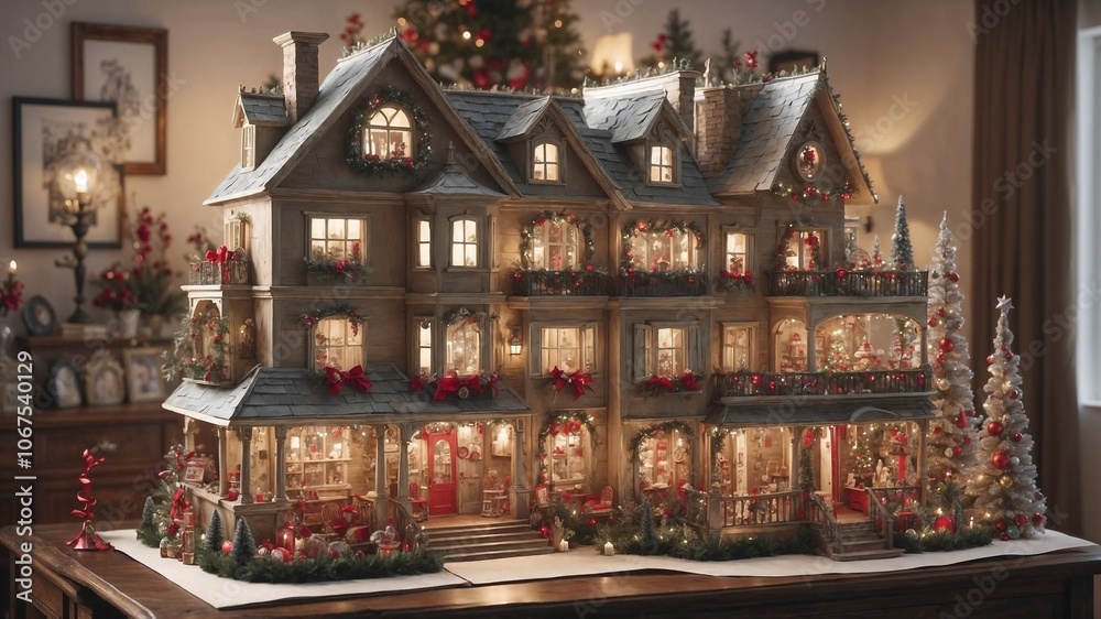 Intricately decorated holiday house model with lights and festive ornaments in a cozy setting