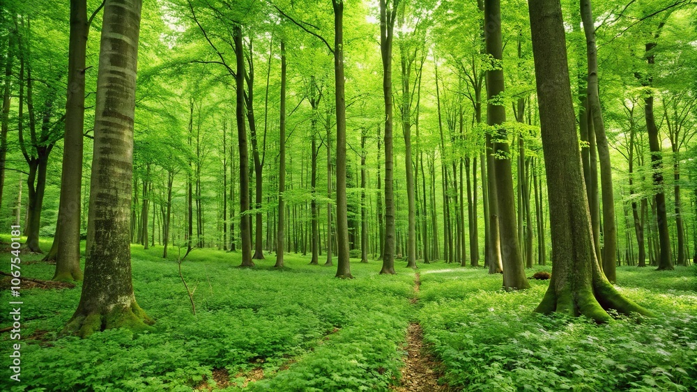 A lush green forest with towering trees and a carpet of vibrant foliage underfoot, outdoors, vegetation, trees, earthy tones, grassy terrain A lush green forest with towering trees and a carpet of vibrant foliage underfoot, outdoors, vegetation, trees, earthy tones, grassy terrain