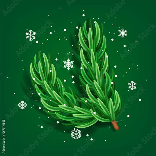 Fir branches. Pine branches on a green background with snowflakes. Vector clipart isolated on white background.