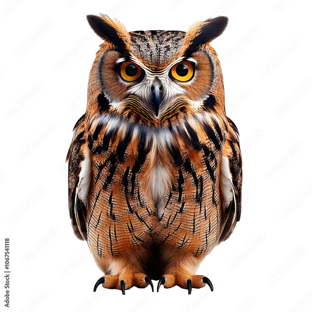 Obraz premium Close-Up of a Majestic Owl with Large Eyes and Detailed Feathers, Isolated on Transparent Background