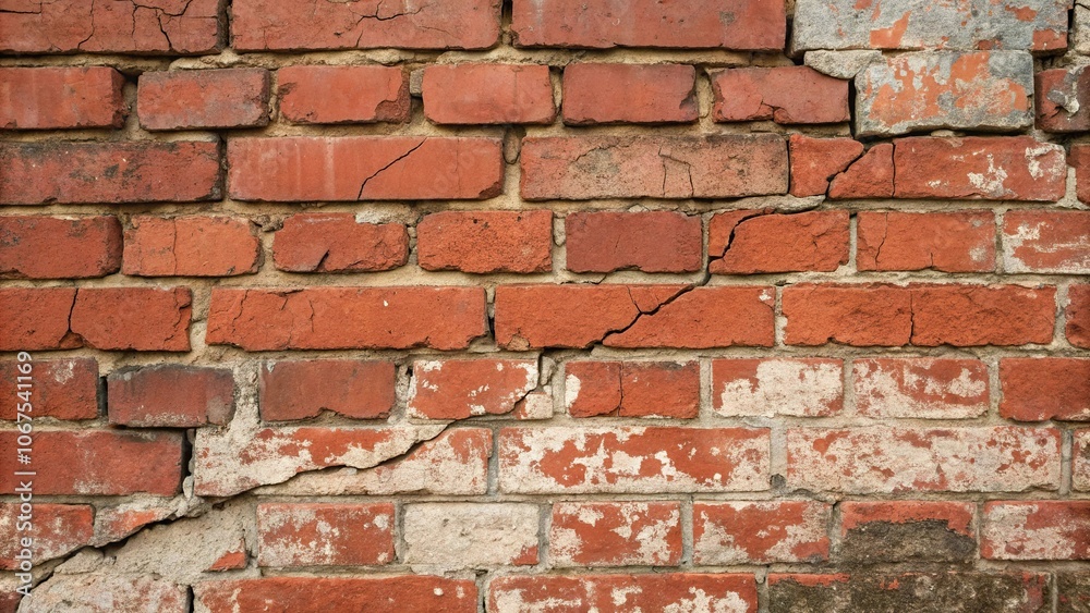 Close-up of old red brick wall with cracks and fading paint, aged, worn Close-up of old red brick wall with cracks and fading paint, aged, worn