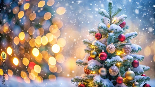 Snow background with blur bokeh of decorated Chritmas tree
