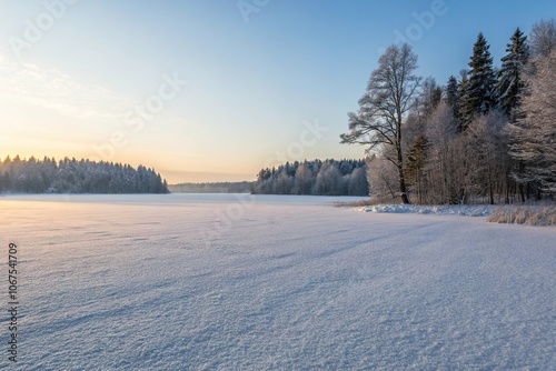 Frosty morning with a vast expanse of untouched snow, blank backdrop, peaceful morning