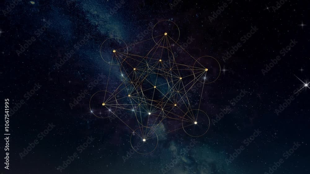 Video animation Metatron's Cube, Flower of Life. Gold Sacred geometry. Loop footage of Mystic icon platonic solids, geometric drawing, crop circles, special effects starry sky on galaxy background
