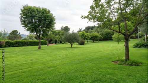 lush green lawn with a few trees scattered throughout, greenery, outdoor setting, parkland, verdant land, nature scene