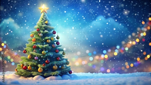 Snow background with blur bokeh of decorated Chritmas tree
