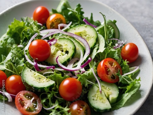 A closeup of a fresh salad bowl with vibrant vegetables, showcasing healthy and colorful ingredients photo