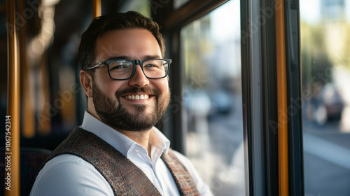 Zadowolony biznesmen w autobusie, który zmierza do pracy. Jego decyzja o korzystaniu z transportu publicznego podkreśla jego zaangażowanie w redukcję zanieczyszczeń powietrza. photo