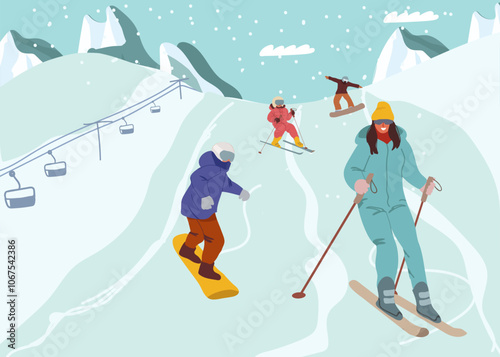  Family at ski resort. Snowboarder on snow slope, winter skiing mountain elevator, kid skier on alpine lift, holiday vacation alps, travel sport, swanky vector illustration. Hand drawn vector art.
