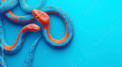 Close-up de uma cobra colorida azul e laranja em um fundo azul vibrante photo