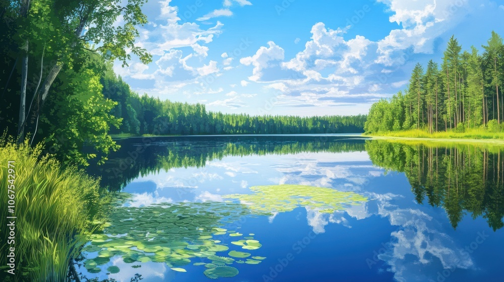 Fototapeta premium Serene lake scene, illustrating a calm lake surrounded by green trees, reflecting the sky, colorful vector