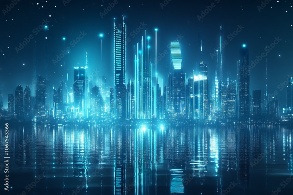 Futuristic city skyline illuminated at night, showcasing sound waves and data visualizations in a blue color theme. AI generated illustration Futuristic city skyline illuminated at night, showcasing sound waves and data visualizations in a blue color theme. AI generated illustration