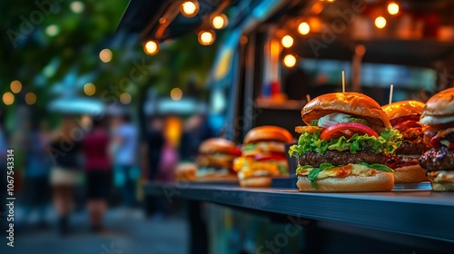 Vibrant food truck festival at night with delicious burgers on display, capturing the essence of street dining. AI generated illustration