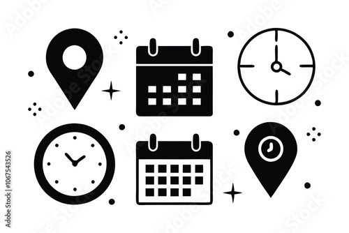 Time, Date, and Location Editable Stroke Icons Set - Minimalist Flat Vector Illustration for Navigation, UI, and UX Design photo