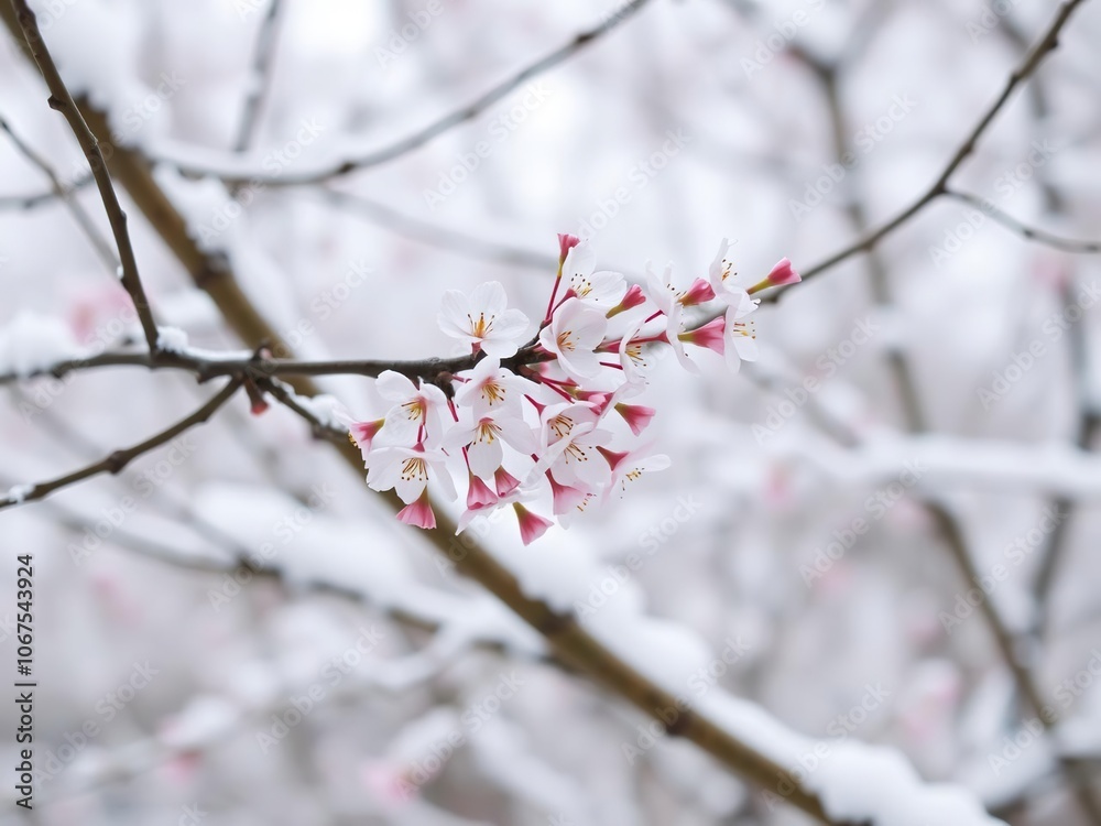 A delicate cherry blossom branch emerging from a snow-covered tree branch, renewal, transition, peaceful A delicate cherry blossom branch emerging from a snow-covered tree branch, renewal, transition, peaceful