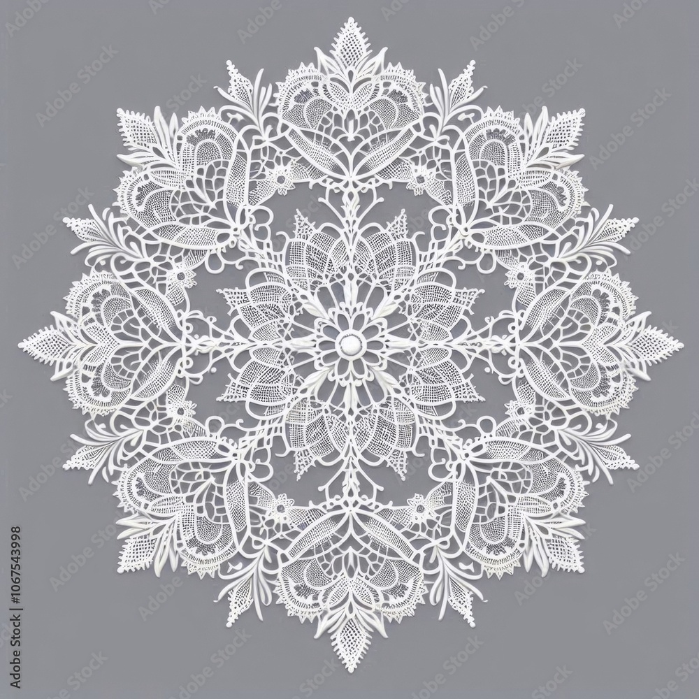 Naklejka premium A pattern of white lace, or tatting, set against a gray background. Generated with AI.